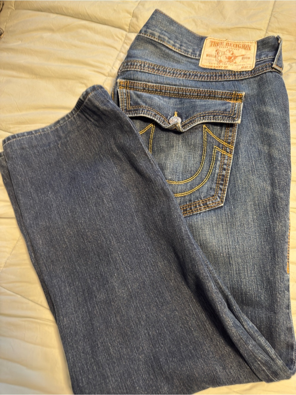 True Religion Men's Medium Blue Straight Jeans with Gold Stitch